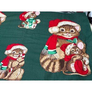 Christmas Cat & Mouse Cotton Fabric 3/4 yard x 38" Green Red Holiday Print Mater